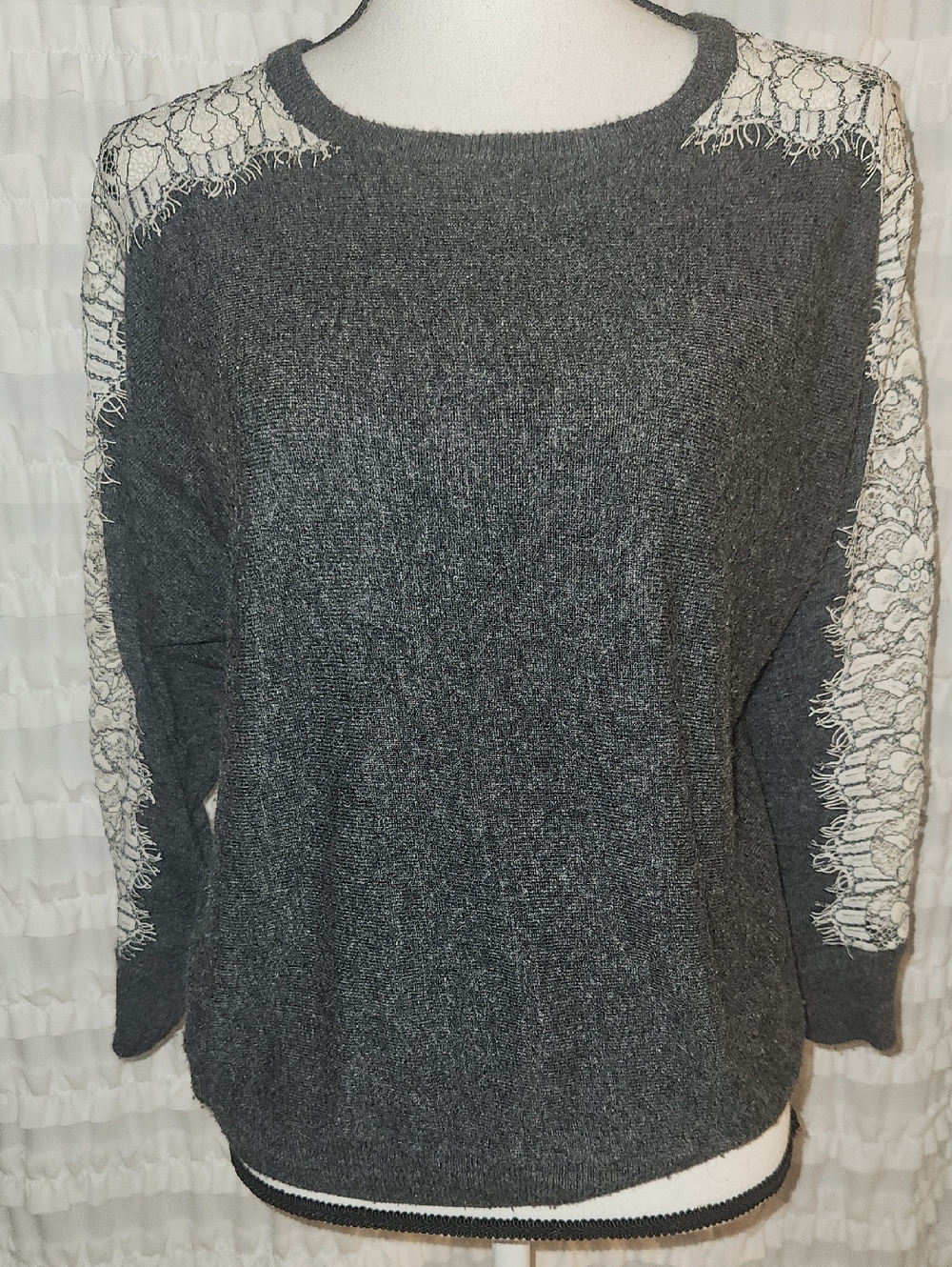 J CrewGray Lace-Accent Women's Sweater - Classic Crewneck Size Med